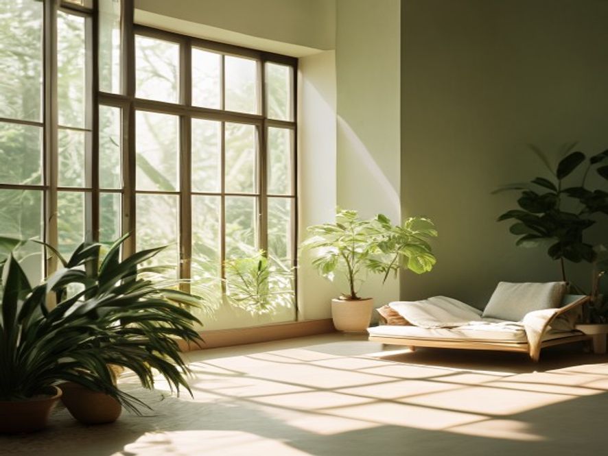 Open space with natural light, plants, and welcoming ambiance